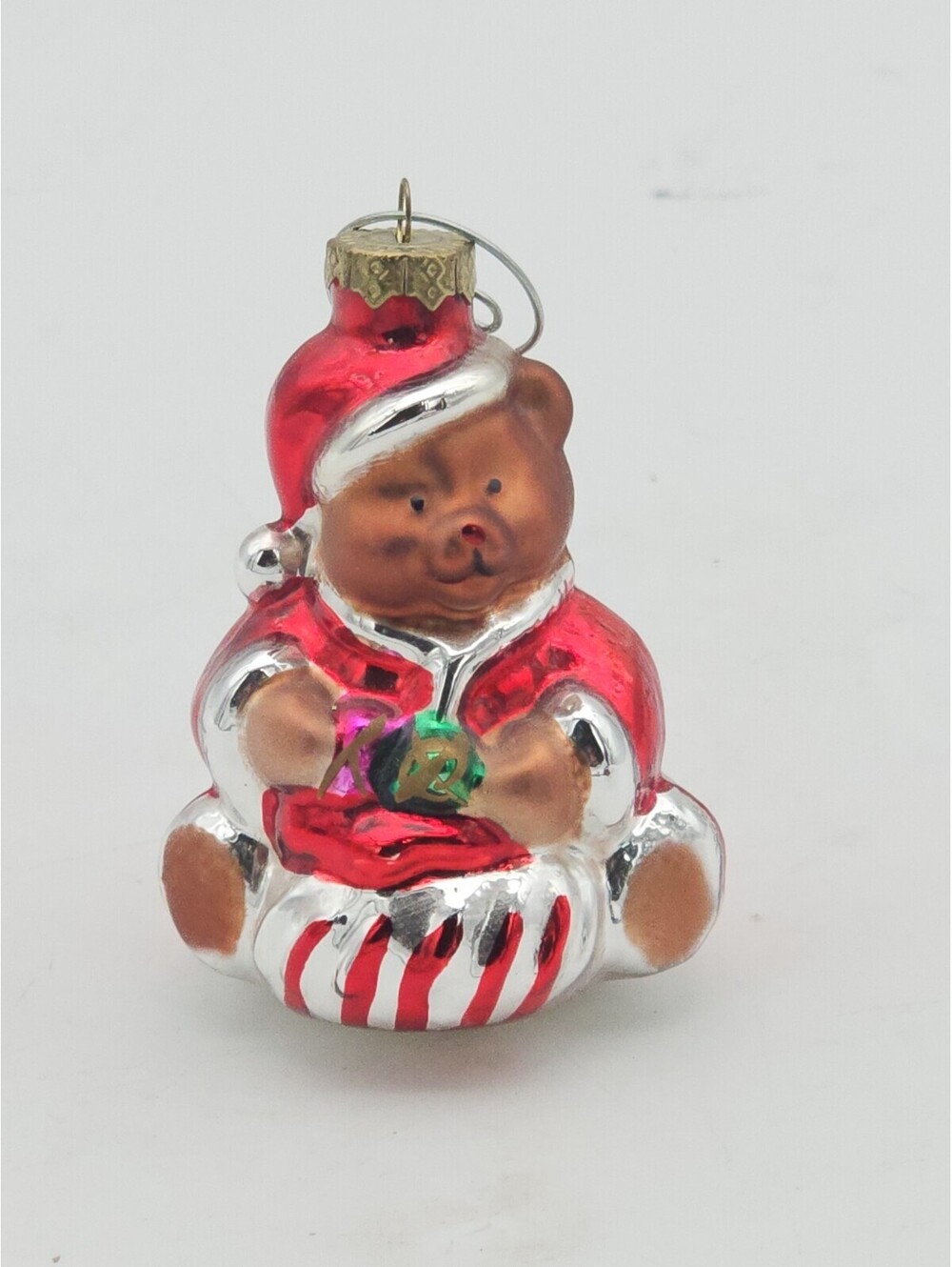 VTG Blown Glass Brown Teddy Bear In Santa Suit Christmas Ornament